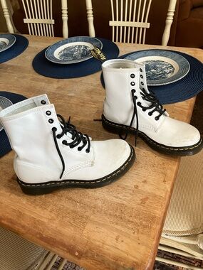 Dr. Martens White Leather Lace-Up Combat Boots with Black Laces